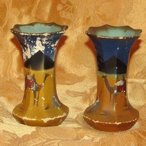 2 Antique Art Deco Vases Brentleigh Ware Ledo Hand Painted Pyramids Desert Camel